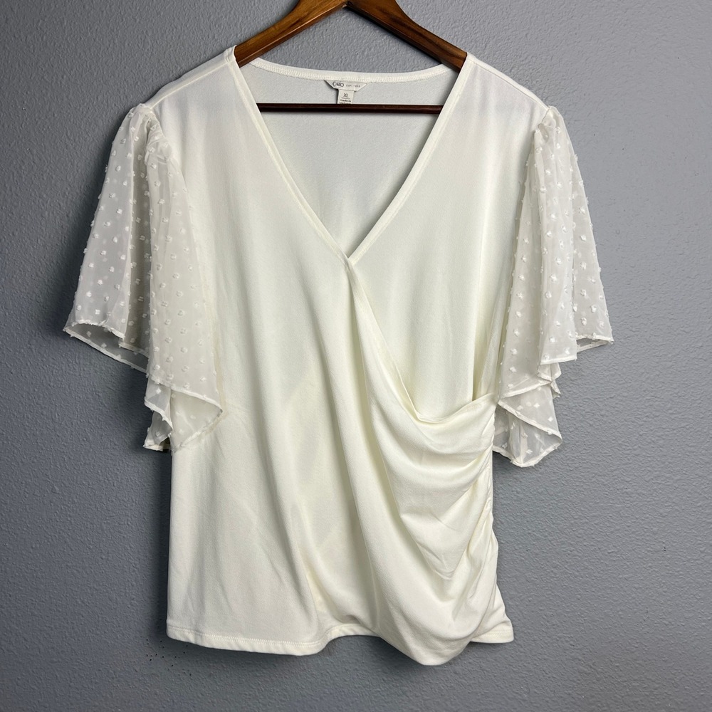 Cato XL White Surplice Blouse Wrapped Swiss Dot Flutter Sleeve Ruched Top Fairy